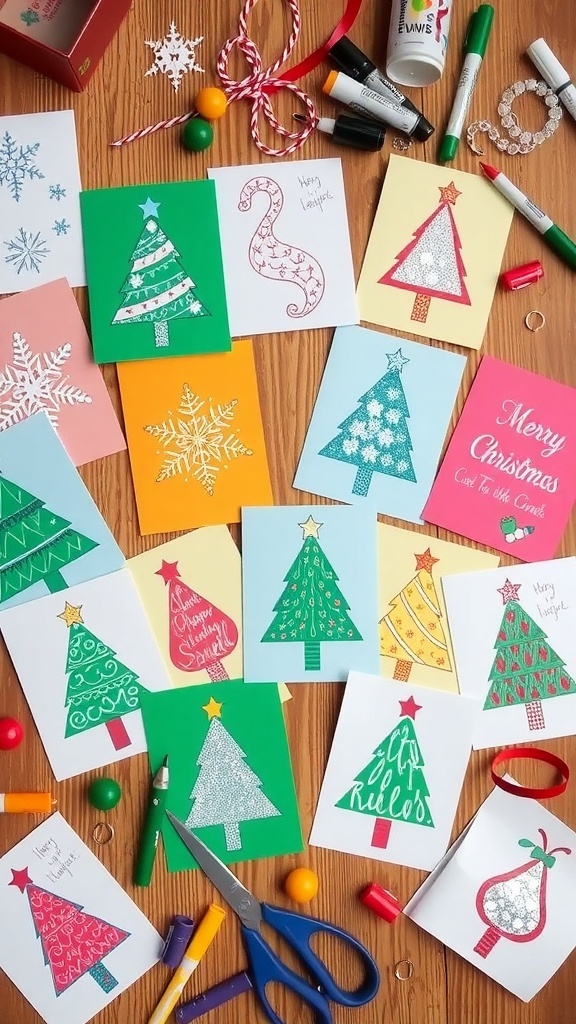 A collection of colorful homemade Christmas cards with festive designs on a wooden table.